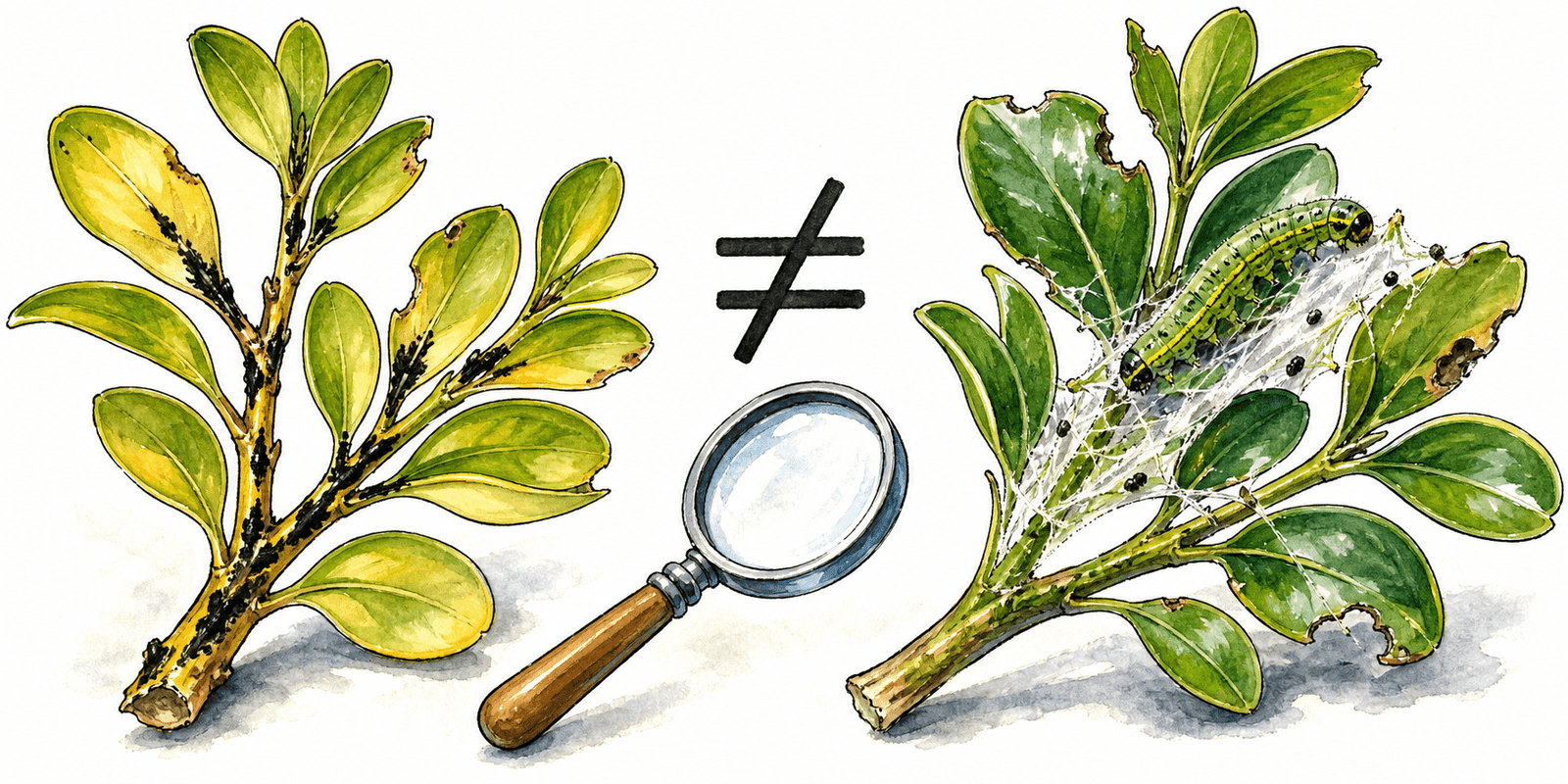 Schematischer Vergleich von Buchs mit dunklen Triebstreifen und Buchs mit Zünslerraupe, Gespinst und Fraßspuren