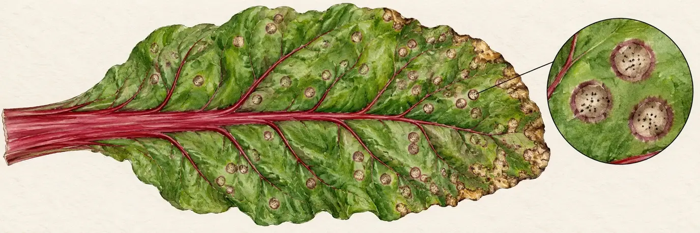 Aquarell eines Mangoldblatts mit kleinen hellen Blattflecken und rötlich-violetten Rändern; eine Vergrößerung zeigt dunkle Punkte im Fleckzentrum