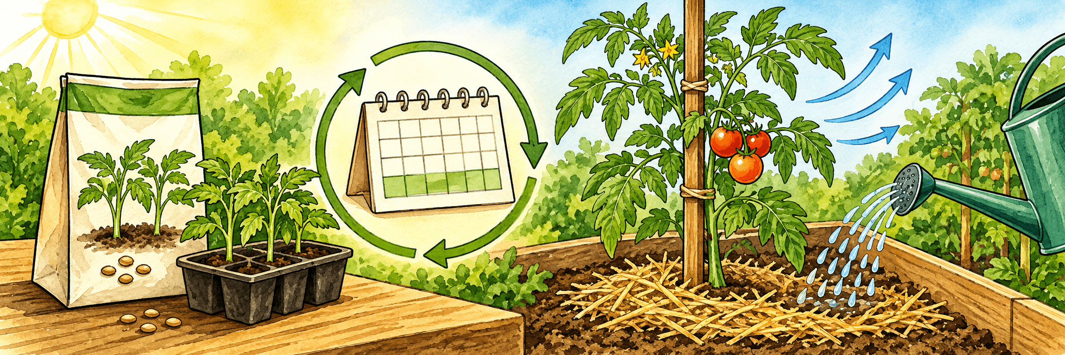 Illustration zu gesundem Saatgut, Anbaupausen, luftig aufgebundenen Tomaten und wurzelnahem Gießen über einer Mulchschicht