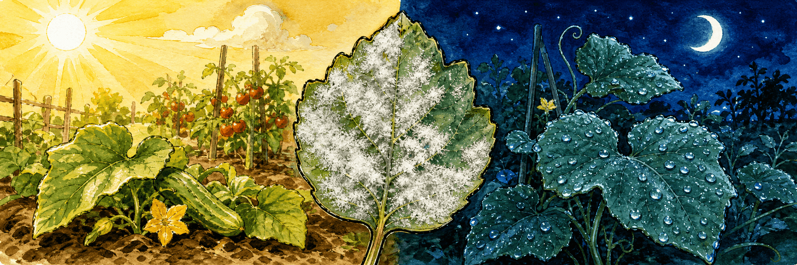 Geteilte Tag-Nacht-Szene: links ein sonniger warmer Tag, rechts eine taunasse Nacht mit Tautropfen, in der Mitte ein Blatt mit weißem Belag