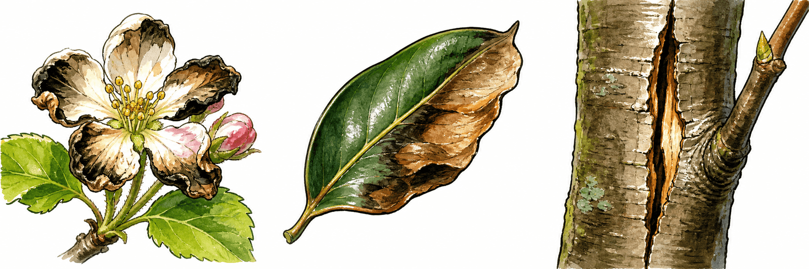 Illustrationen einer geschädigten Blüte, eines braunen immergrünen Blatts und eines senkrechten Stammrisses