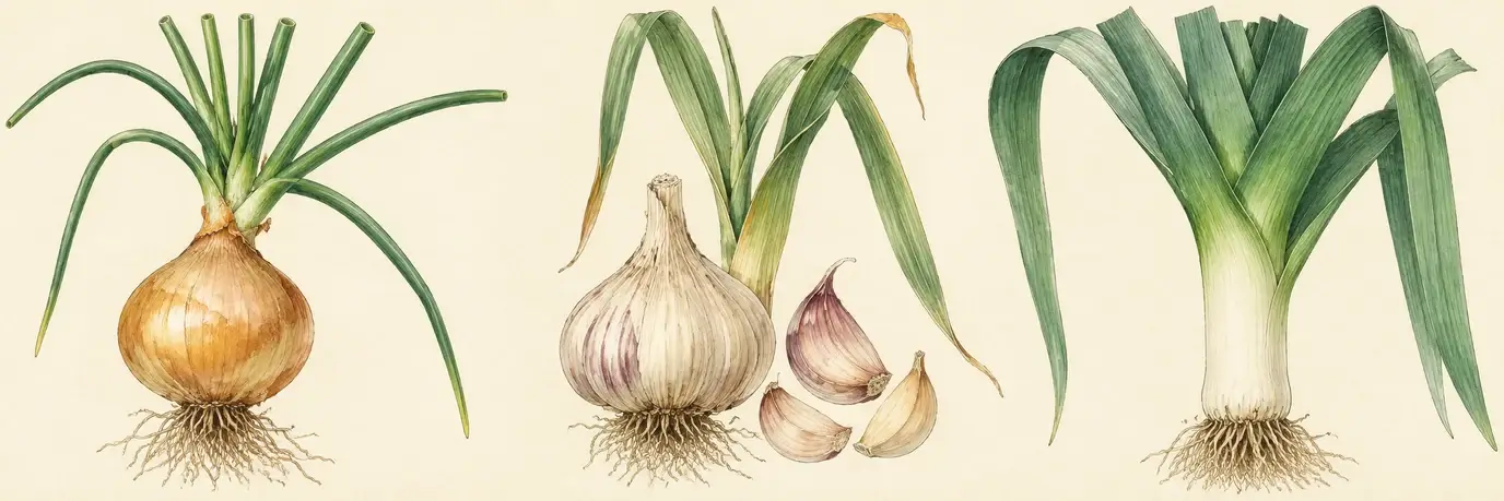 Schematische Aquarellillustration von Zwiebel, Knoblauch und Lauch als möglichen Wirten von Fusarium-Fäulen