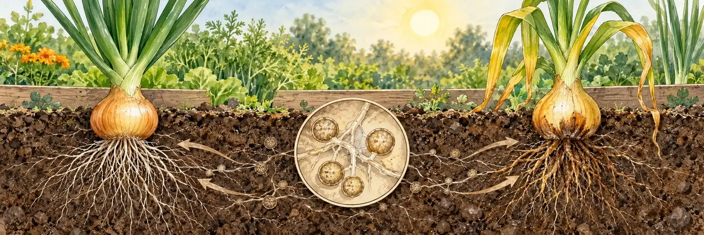 Schematischer Bodenschnitt mit gesunder und kranker Zwiebel sowie vergrößert dargestellten Fusarium-Dauersporen im warmen Boden
