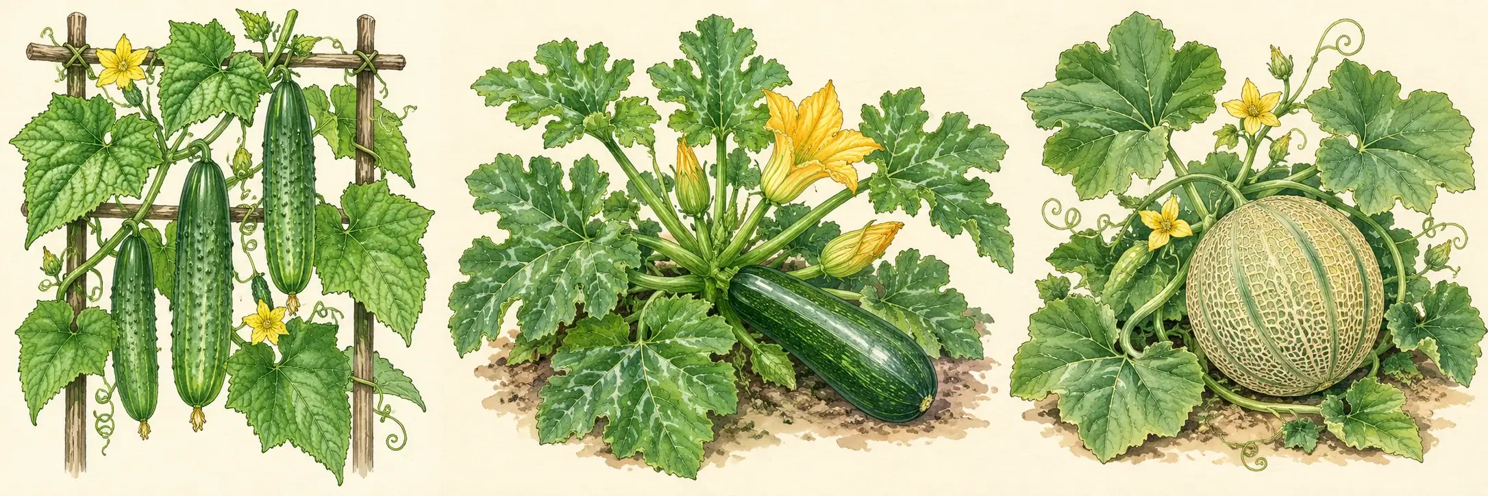 Schematische Aquarellillustration von Gurke an einer Rankhilfe, Zucchini und Melone als möglichen Wirtspflanzen der Gurkenkrätze