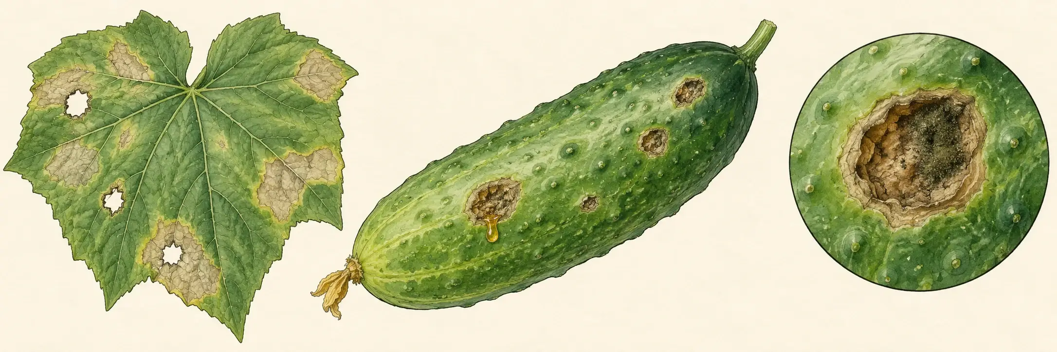 Schematisches Gurkenblatt mit hellbraunen Flecken und Löchern, Gurkenfrucht mit eingesunkenen Schorfstellen und Safttropfen sowie vergrößerter olivfarbener Belag in einer Schadstelle