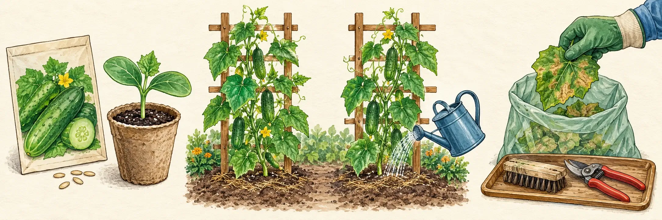 Saatgut und gesunde Gurkenjungpflanze, luftig geführte Gurken mit Bewässerung am Boden sowie das Sammeln eines geschädigten Blatts neben Bürste und Gartenschere
