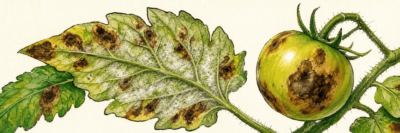 Schematische Illustration brauner Blatt- und Fruchtflecken und weißlichen Belags auf einer Tomatenblattunterseite