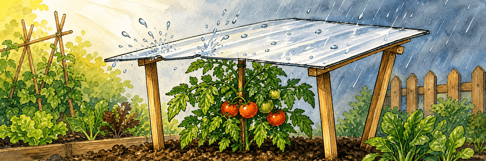 Tomatenpflanze unter einem offenen Regendach