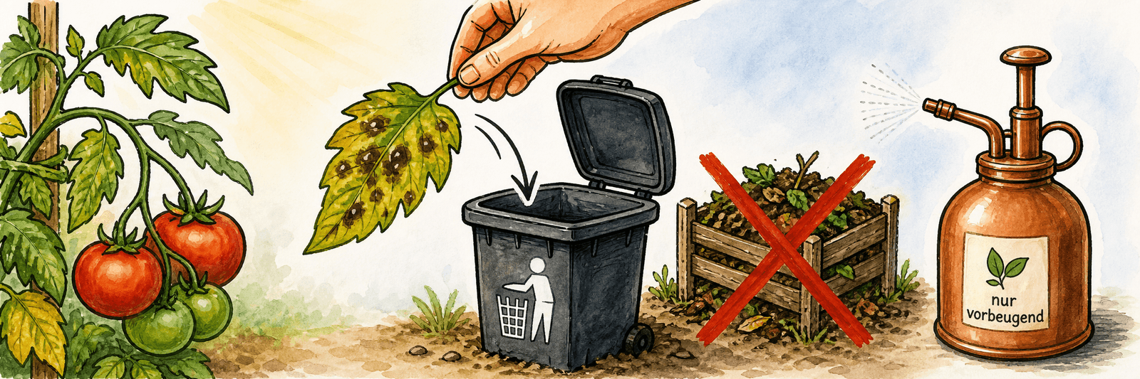 Illustration: befallenes Tomatenblatt in einer Abfalltonne, durchgestrichener Hauskompost und ein Präparat mit dem Hinweis nur vorbeugend