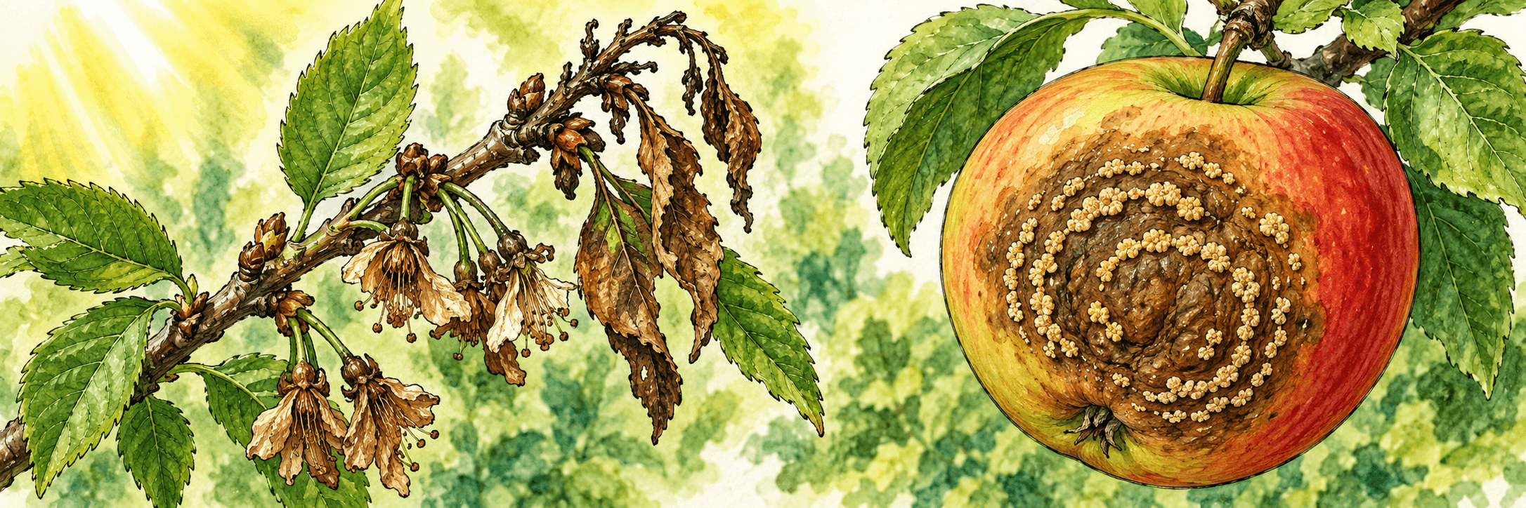 Monilia-Schadbilder als Illustration: welke Blüten und Triebspitze an einem Sauerkirschzweig sowie ein Apfel mit brauner Fruchtfäule und hellen Sporenpolstern