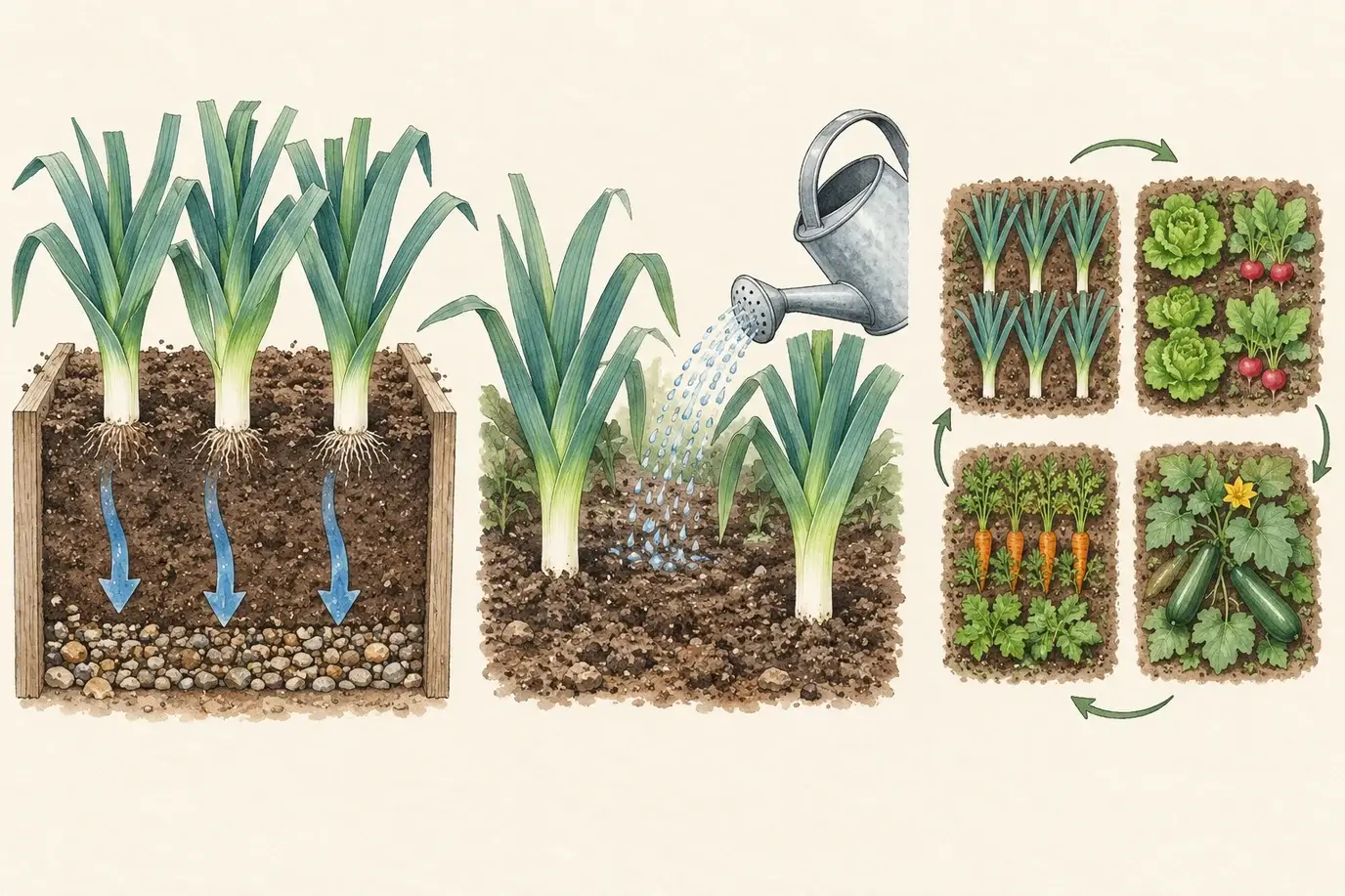 Schematische Vorbeugung mit Wasserabfluss unter einem erhöhten Lauchbeet, Gießen zwischen den Pflanzen und wechselnden Gemüsebeeten