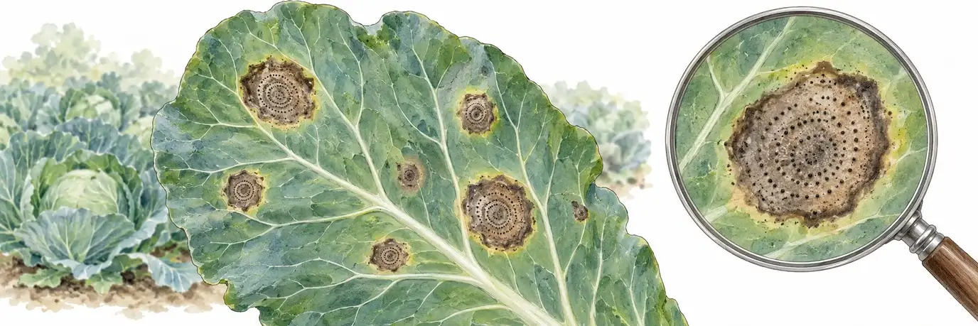 Schematisches Kohlblatt mit graubraunen Blattflecken; eine Lupe zeigt kleine schwarze Punkte in konzentrischen Reihen innerhalb eines Flecks