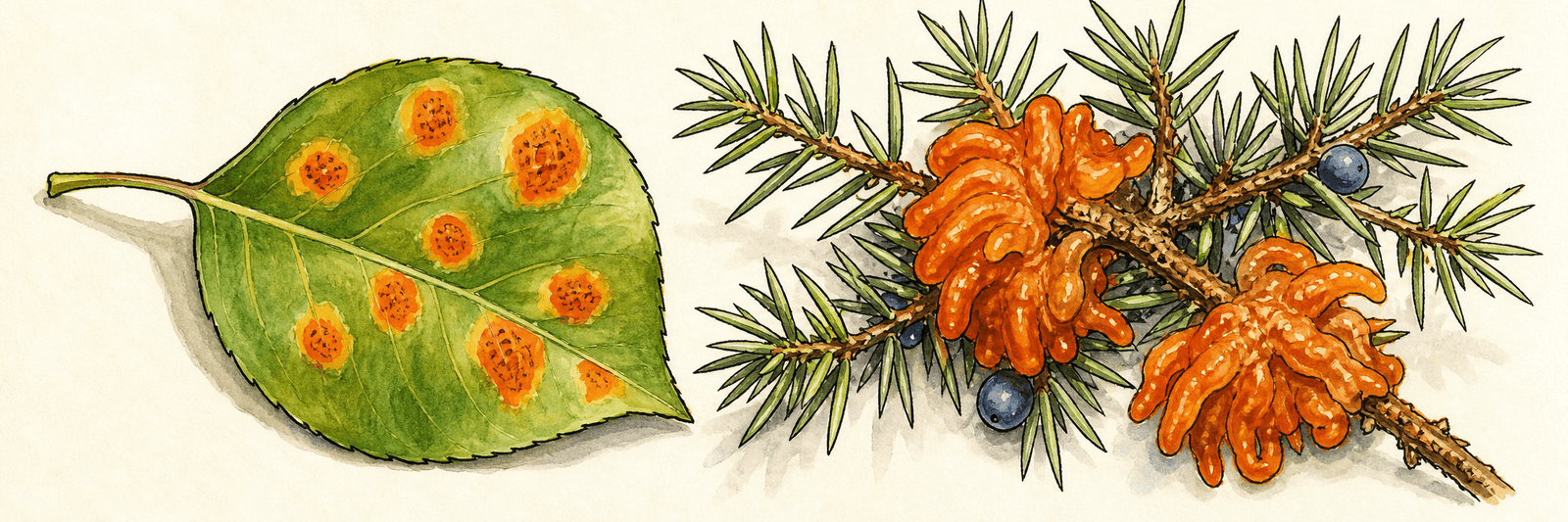 Birnenblatt mit leuchtend orangen Gitterrost-Flecken neben einem Wacholderzweig mit gallertigen orangen Wucherungen als Winterwirt