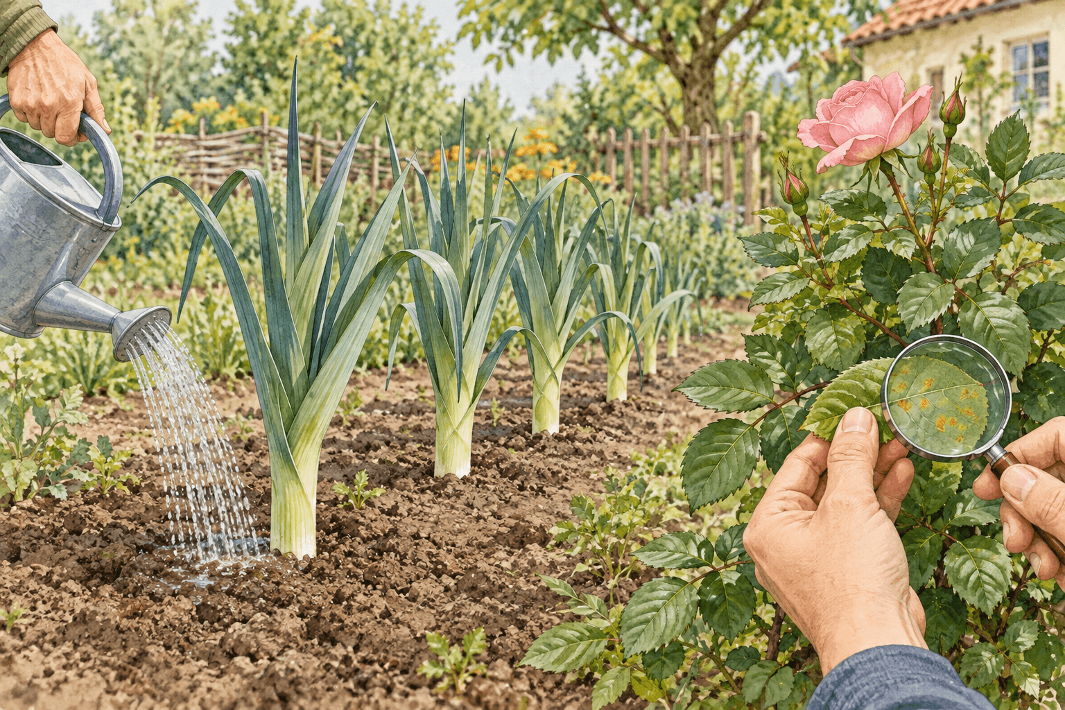 Gartenpflege mit wurzelnaher Bewässerung, Abstand zwischen Lauchpflanzen und Kontrolle eines Rosenblatts