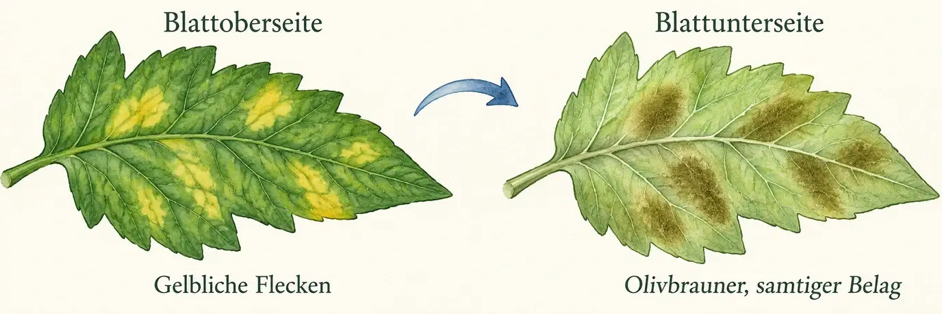 Schematische Illustration eines Tomatenblattes: gelbliche Flecken auf der Oberseite und olivbrauner, samtiger Belag an den entsprechenden Stellen auf der Unterseite