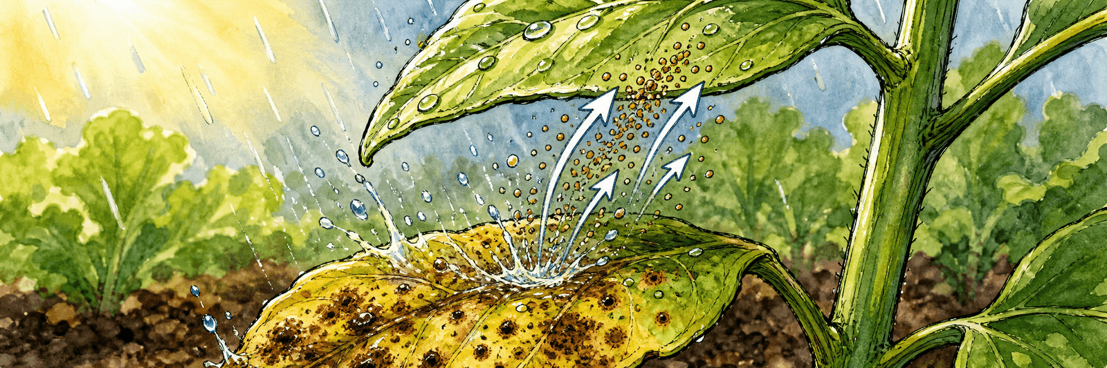 Regentropfen schlagen auf ein befallenes unteres Blatt und spritzen die Sporen mit Pfeilen aufwärts zum nächsten Blatt