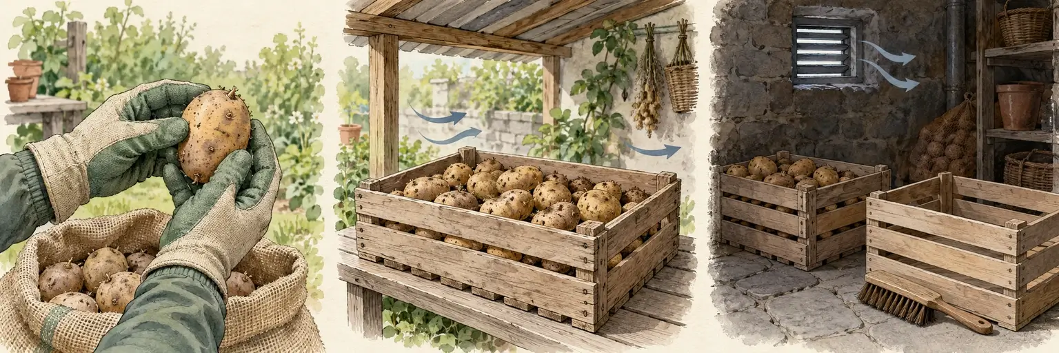 Gesunde Pflanzkartoffeln prüfen, geerntete Knollen im Schatten luftig abtrocknen und in sauberen Holzkisten im dunklen belüfteten Keller lagern