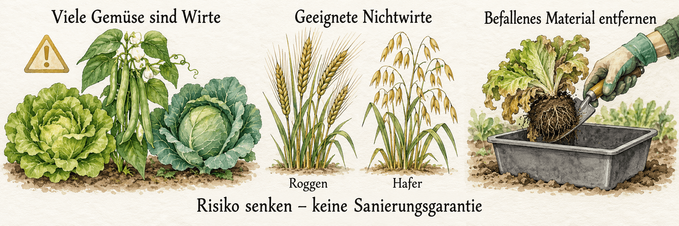 Salat, Bohnen und Kohl als mögliche Wirte, Roggen und Hafer als geeignete Nichtwirtskulturen sowie vorsichtiges Entfernen einer befallenen Pflanze mit Wurzelballen in eine Auffangwanne