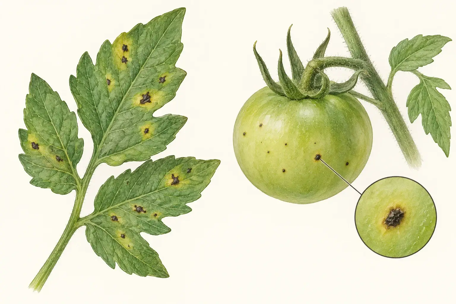 Schematische Illustration eines Tomatenblatts mit kleinen dunklen Flecken und gelblichen Höfen sowie einer grünen Tomate mit schwarzen oberflächlichen Pünktchen