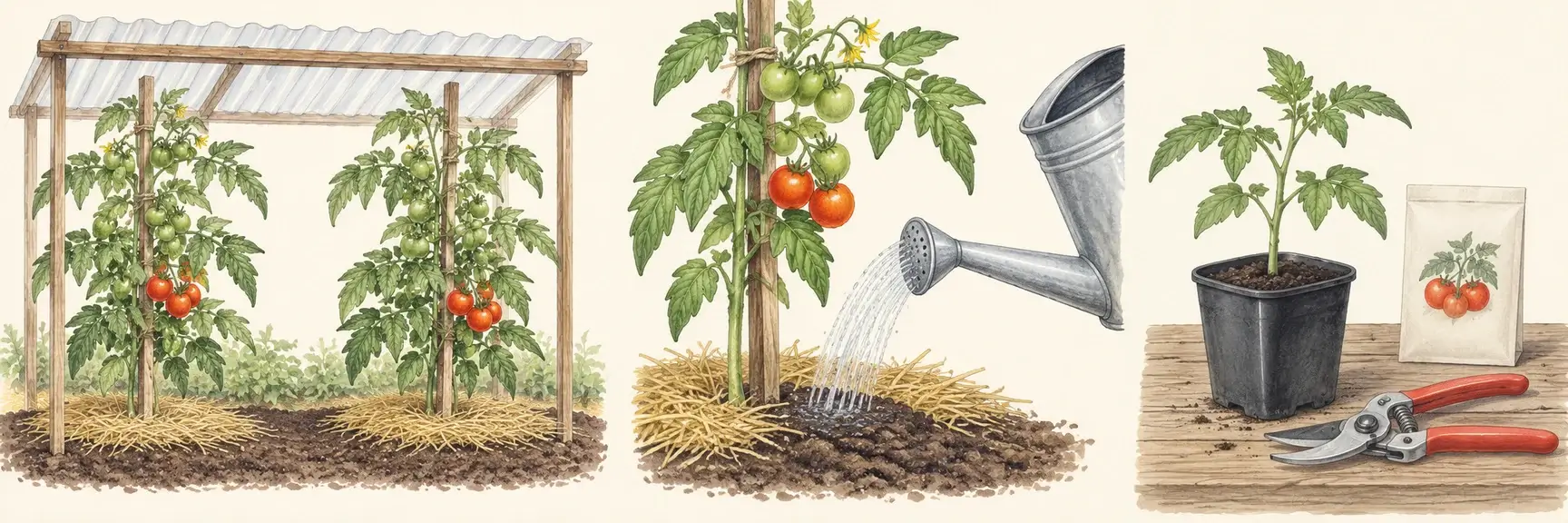 Luftig angebundene Tomaten unter einem offenen Regendach, Bewässerung am Boden sowie eine gesunde Jungpflanze und sauberes Werkzeug
