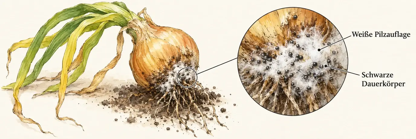 Schematische befallene Zwiebel mit gelbem Laub, weißem Pilzgeflecht an der Basis und vergrößert dargestellten schwarzen Dauerkörpern