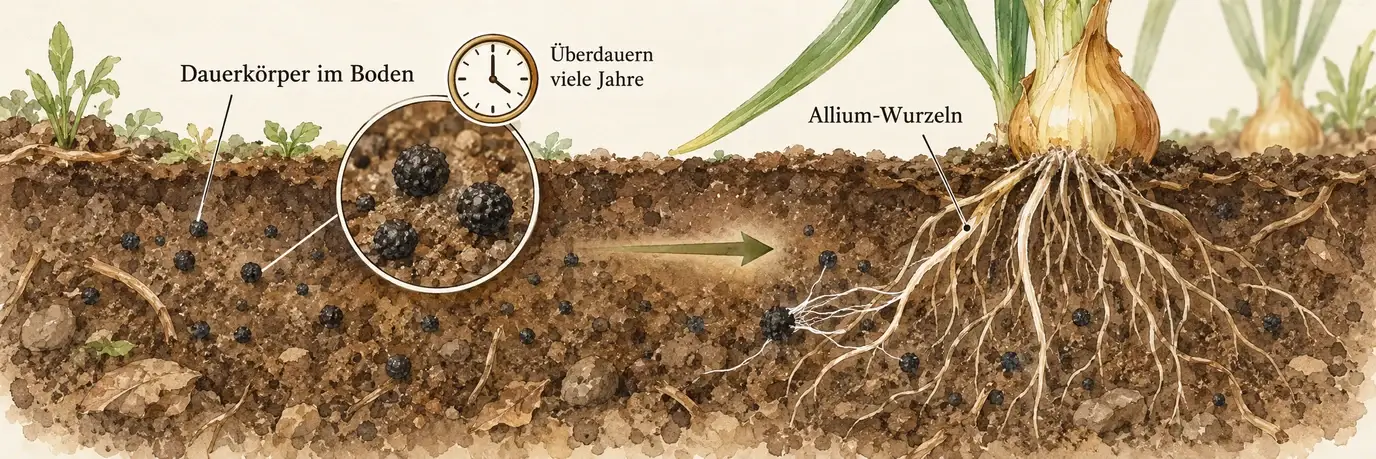 Schematischer Bodenschnitt mit langlebigen schwarzen Dauerkörpern und Pilzgeflecht, das zu Allium-Wurzeln wächst