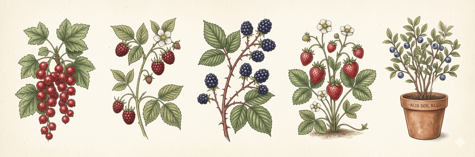 Beeren-Sortenparade: Johannisbeere, Himbeere, Brombeere, Erdbeere und Heidelbeere als Sonderfall