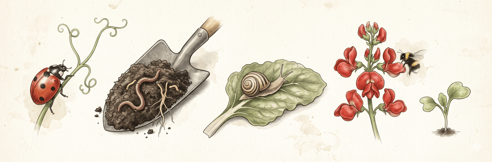Schatzsuche-Stationen im Beet: Marienkäfer, Regenwurm, Schnecke und blühende Bohne