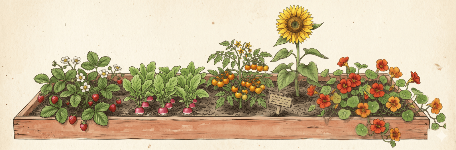 Kinder-Naschbeet auf Kinderhöhe mit Erdbeere, Radieschen, Kirschtomate, Sonnenblume und Kapuzinerkresse