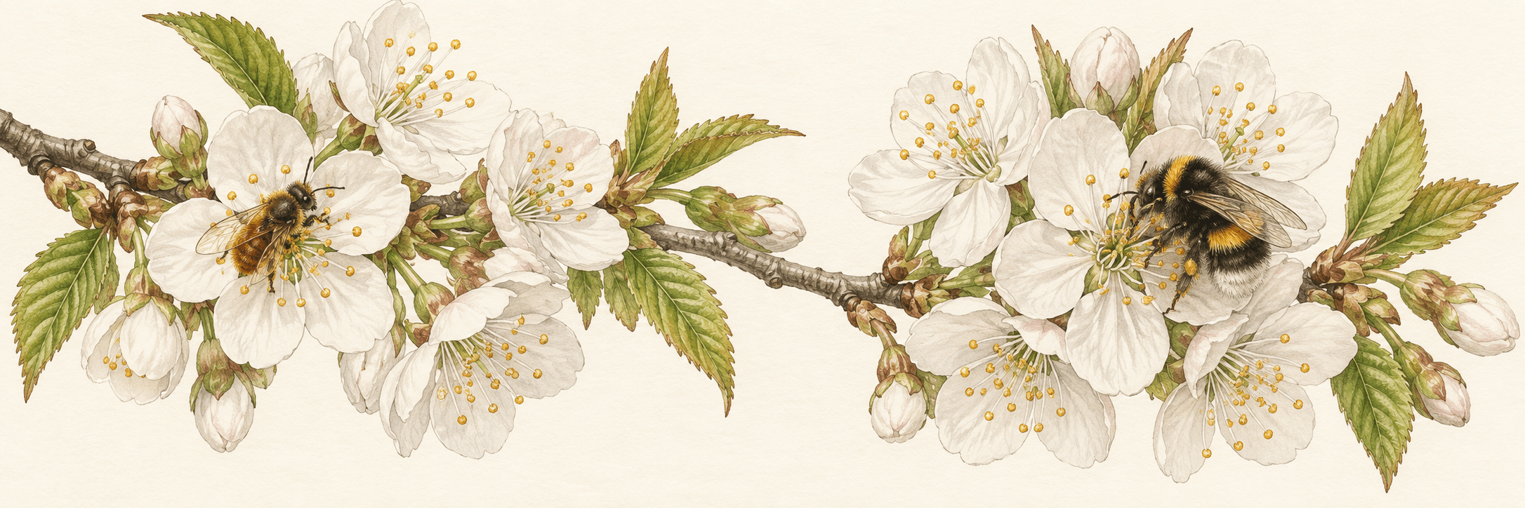 Botanische Illustration einer Wildbiene und einer Hummel beim Besuch weißer Kirschblüten