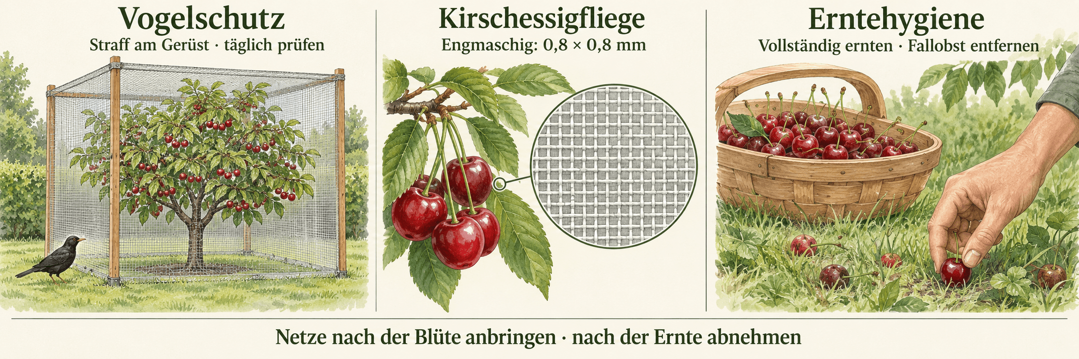 Drei Bildfelder zeigen ein straffes Vogelschutznetz über einem Gerüst, ein engmaschiges Netz gegen Kirschessigfliegen und das Aufsammeln von Fallobst