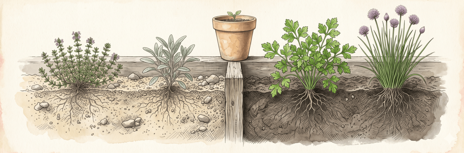 Illustration zweier Kräuterbereiche: durchlässige Erde für Thymian und Salbei, humosere Erde für Petersilie und Schnittlauch