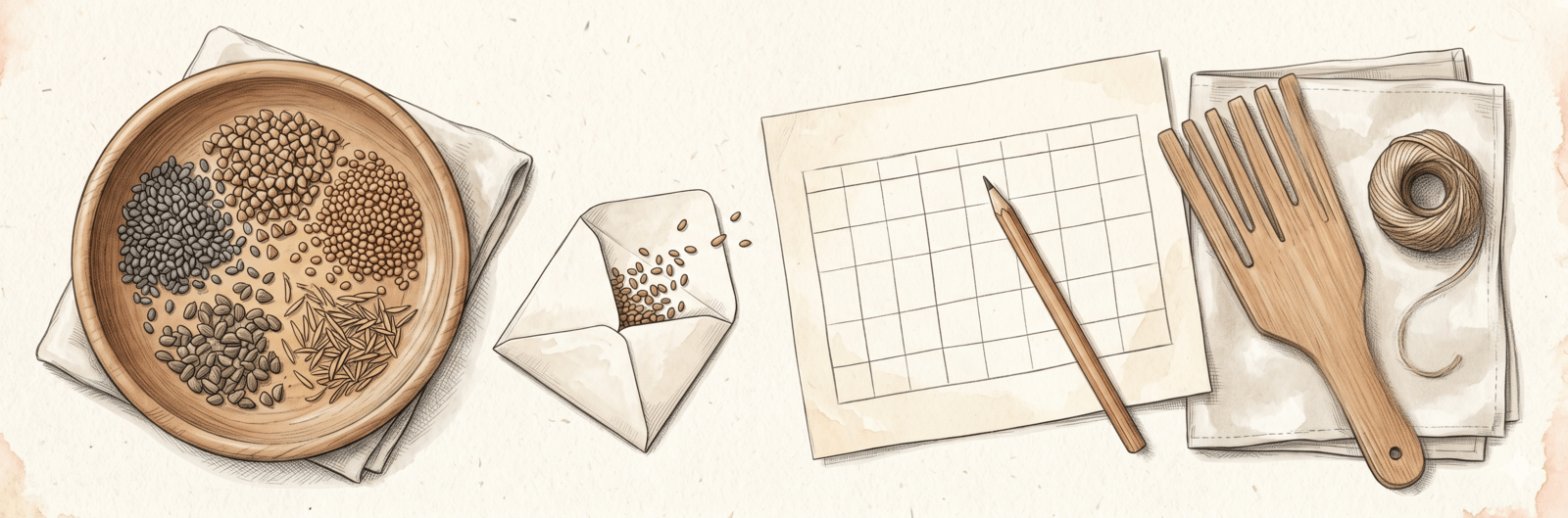 Illustration: verschiedene Samen neben Pflanzplan, Bleistift, Handschaufel und Schnur