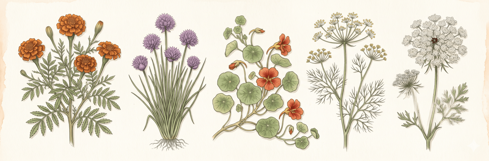 Illustration von Tagetes, blühendem Schnittlauch, Kapuzinerkresse, Dill und Wilder Möhre
