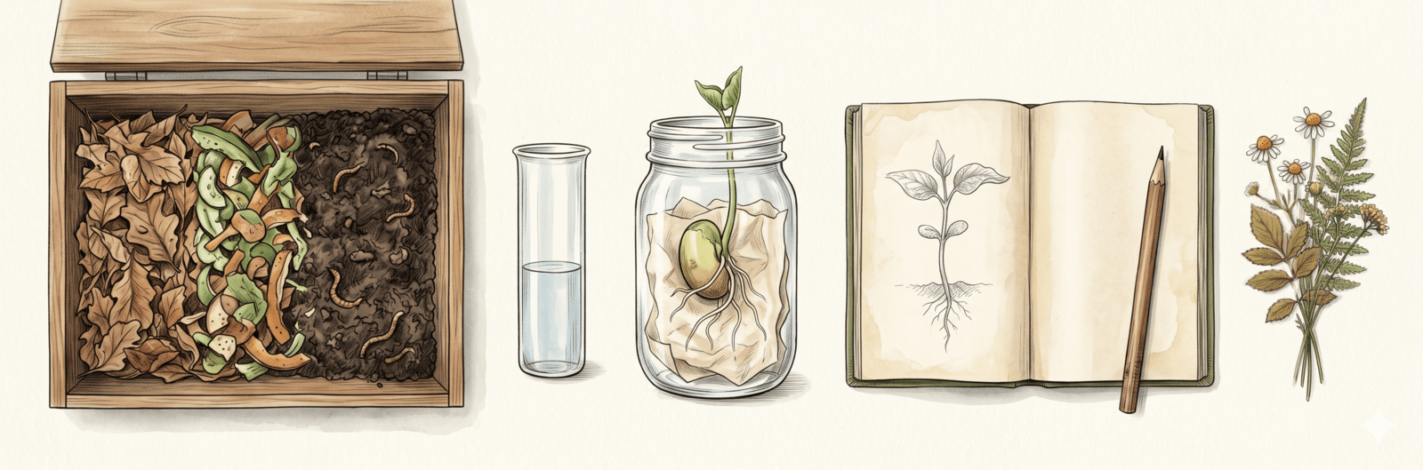 Mitmach-Stationen im Garten: Komposthaufen, Regenmesser, Bohnenglas und Gartentagebuch