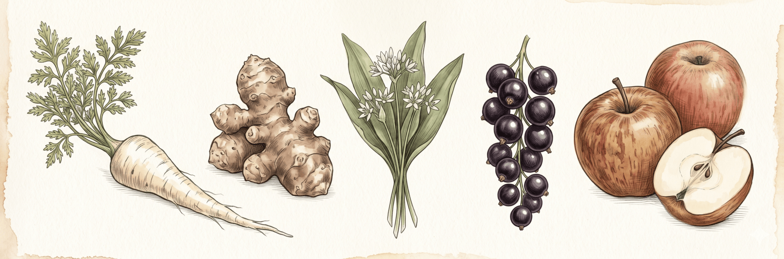 Illustration mit Pastinaken, Topinambur, Bärlauch, schwarzen Johannisbeeren und einem Apfel