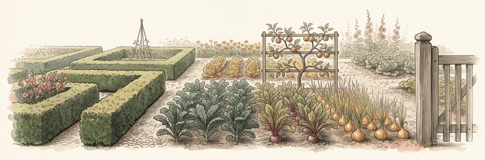 Illustration eines Bauerngartens mit Beerensträuchern, Gemüsebeeten und Buchsbaum-Einfassung