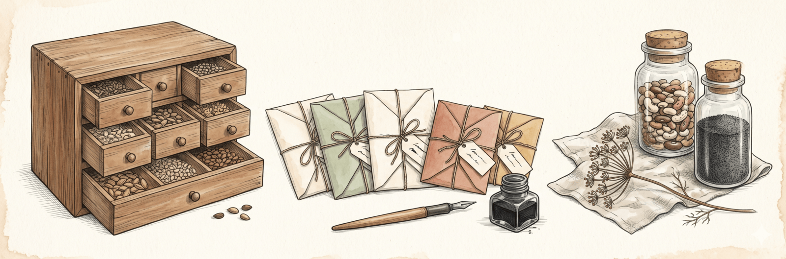 Illustration einer Saatgutsammlung mit Holzschachtel, Saatguttüten und handgeschriebenen Etiketten