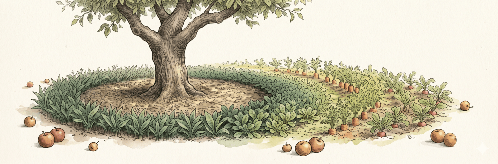 Schematische Illustration eines Gemüsebeets um einen Apfelbaum mit freiem Bereich am Stamm