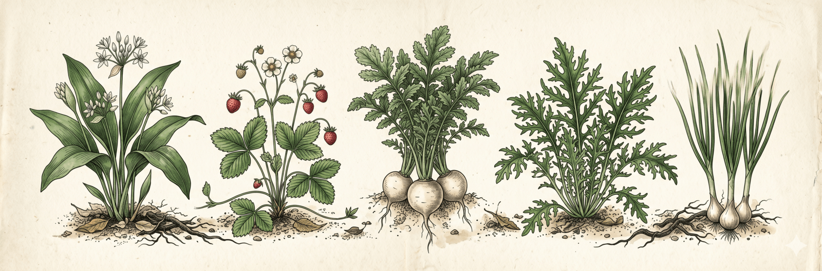 Illustration von Bärlauch, Walderdbeere, Mairübchen, einem Blattgemüse und Lauchzwiebeln