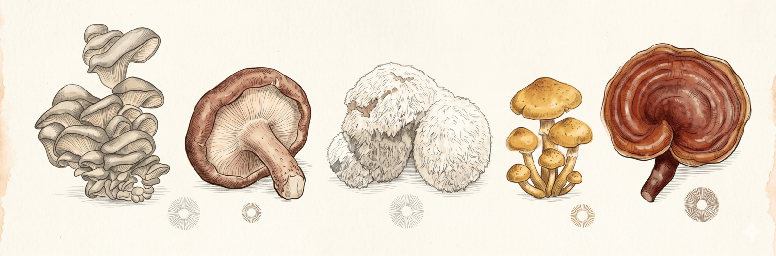 Pilzarten im Vergleich: Austernpilz, Shiitake, Igel-Stachelbart, Samtfußrübling und Reishi