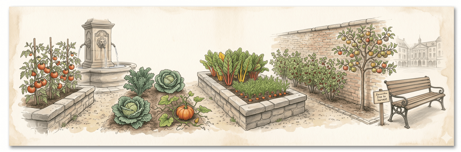 Illustration einer essbaren Stadt mit Gemüsebeeten und Obstspalier im öffentlichen Raum