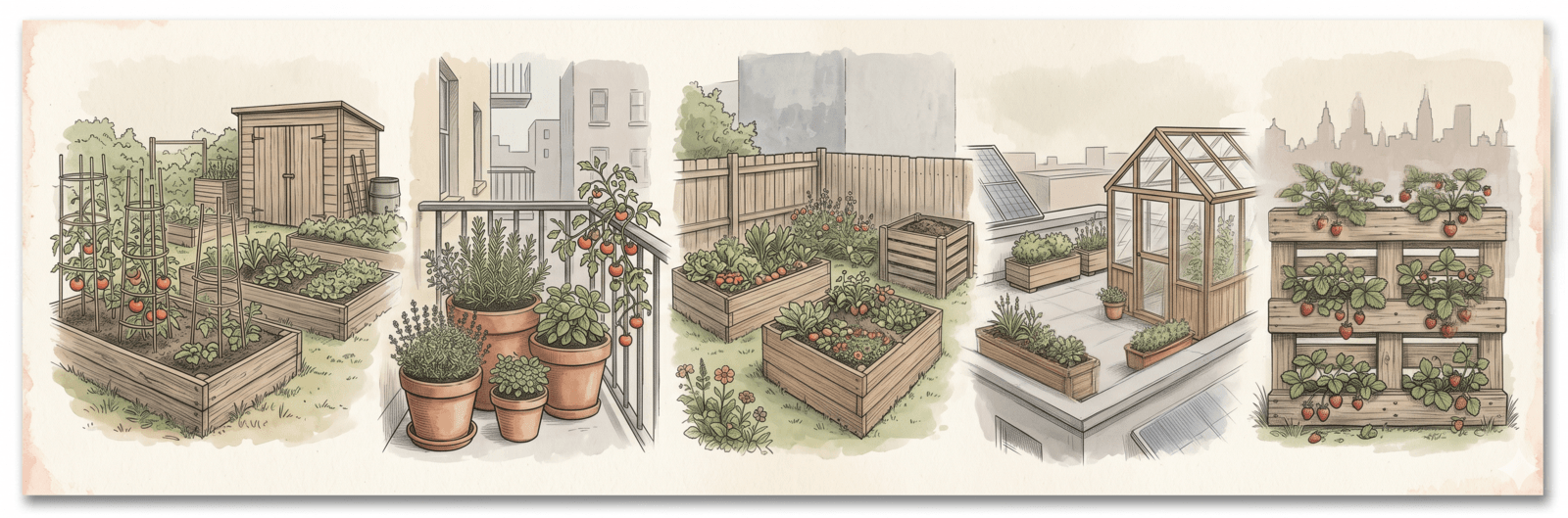 Illustration urbaner Gartenformen: Gemeinschaftsgarten, Balkon, Hochbeete im Hof und Dachgarten