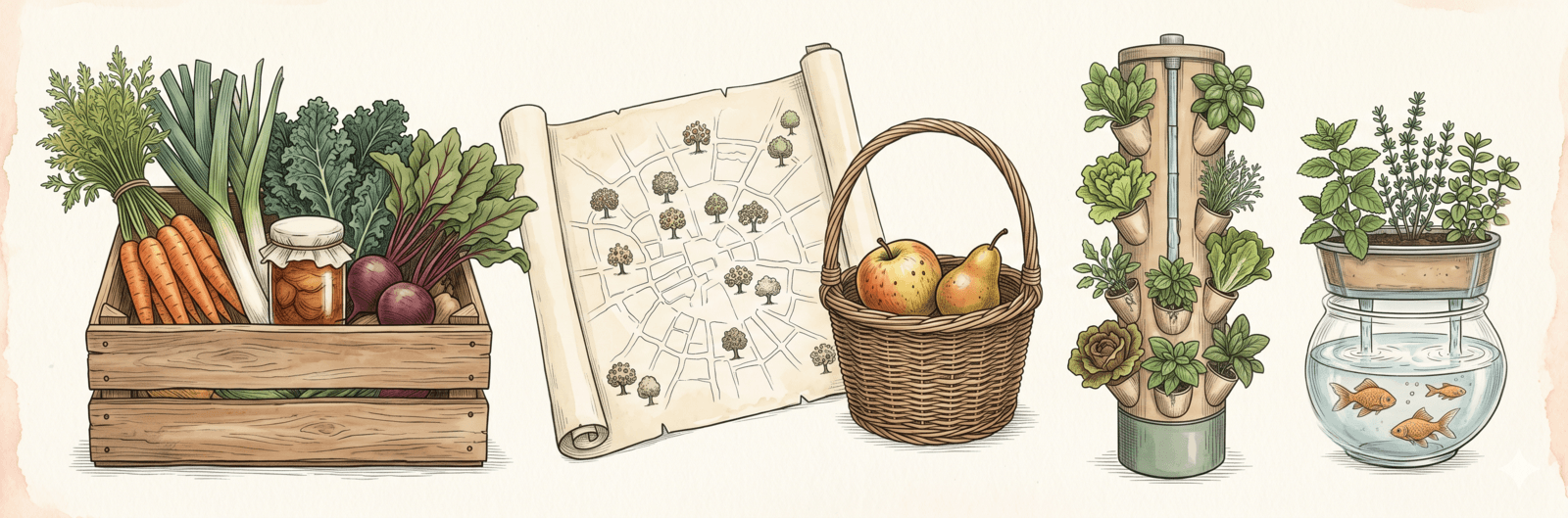 Illustration mit Gemüsekiste, Fundortkarte, vertikalem Pflanzsystem und Aquaponik-Modell