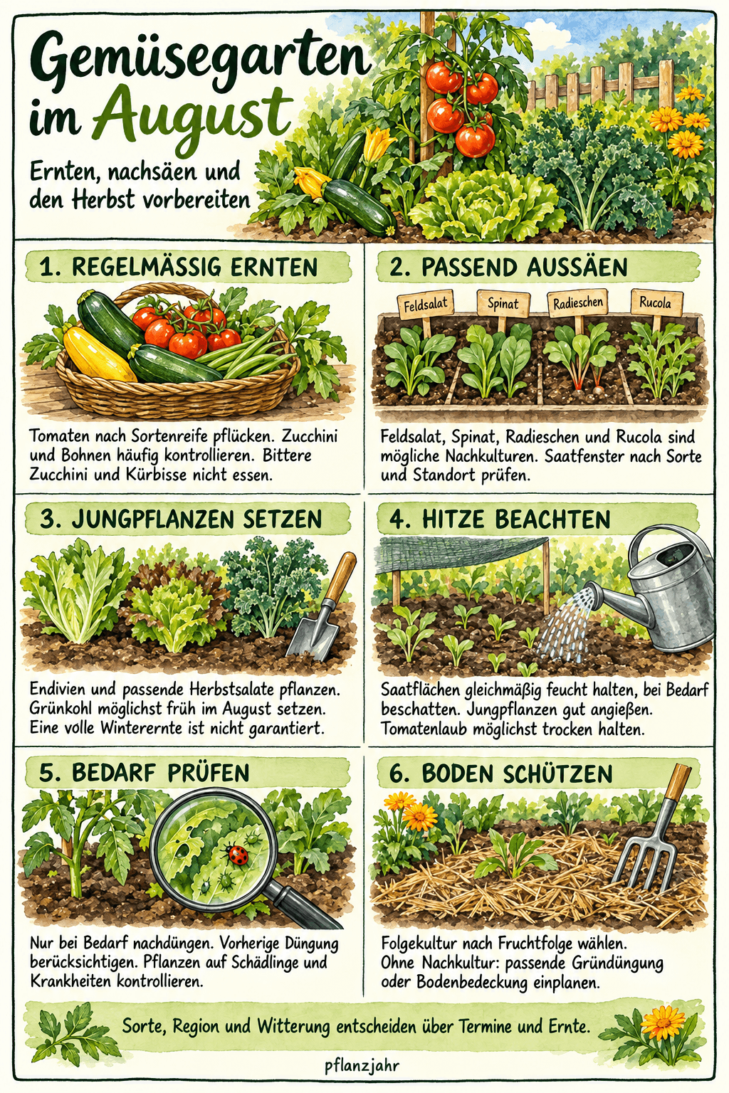 August im Gemüsegarten: regelmäßig ernten, passende Kulturen säen, Jungpflanzen setzen, Hitze beachten, Düngebedarf prüfen und den Boden schützen. Termine hängen von Sorte, Region und Witterung ab.