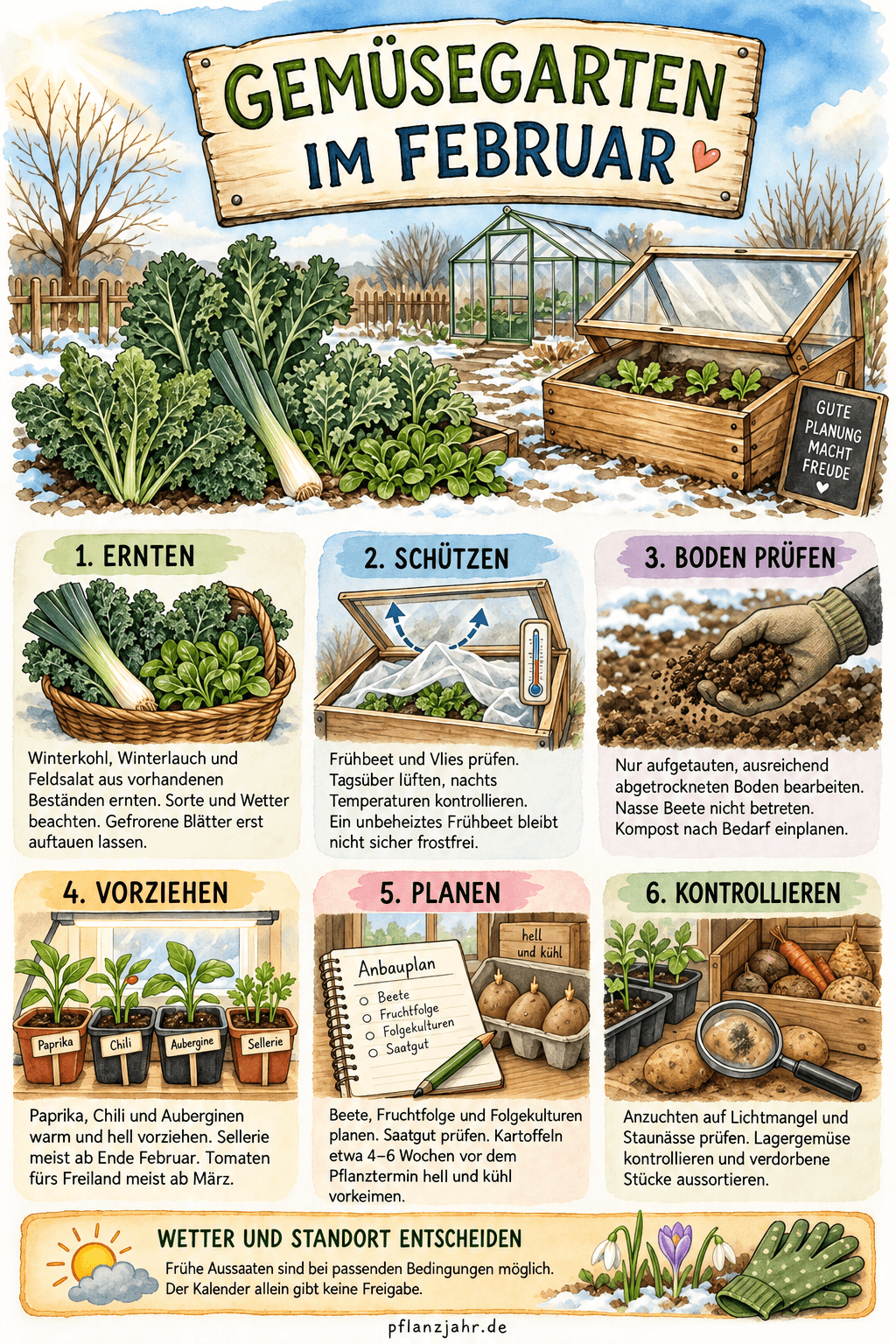 Gemüsegarten im Februar: Winterernte, begrenzten Frostschutz, bearbeitbaren Boden, passende Vorzucht, Beetplanung und Lagerkontrolle nach Wetter und Standort abstimmen