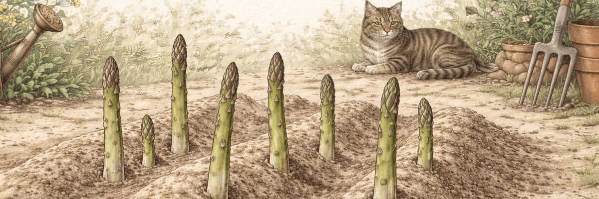 Illustration: Grünspargel mit geschlossenen Köpfen im Gartenbeet