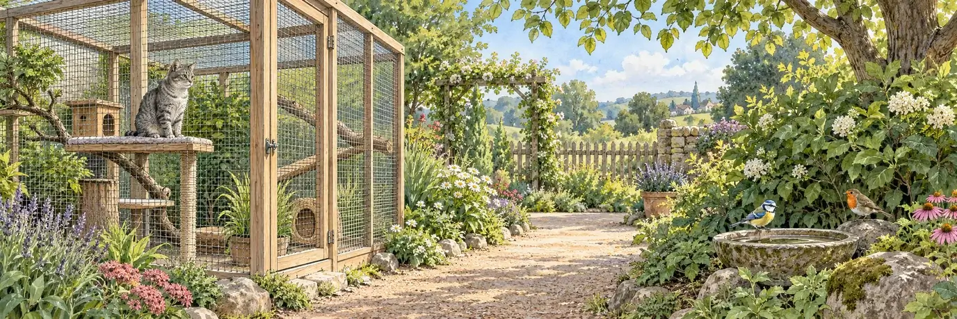 Katze im geschlossenen Außengehege; jenseits eines freien Gartenwegs finden zwei Wildvögel Wasser und Deckung.