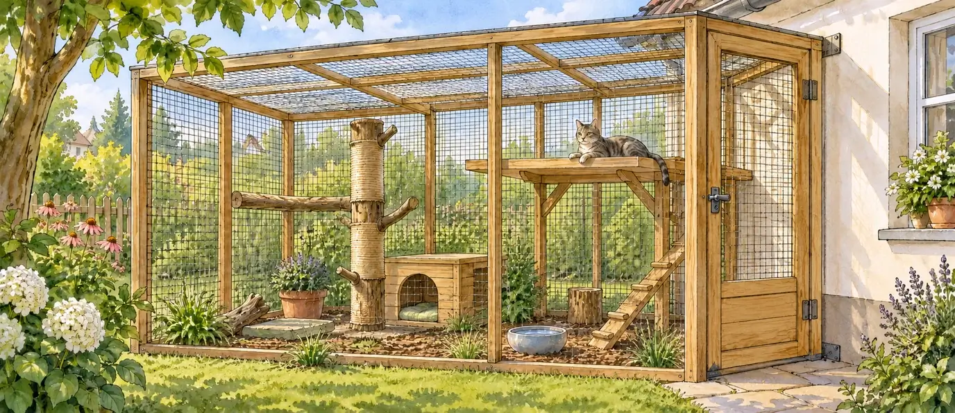 Katze auf einer stabilen Plattform in einem geschlossenen Außengehege mit Gitterdach, Kratzstamm, Versteck und Wasserschale.