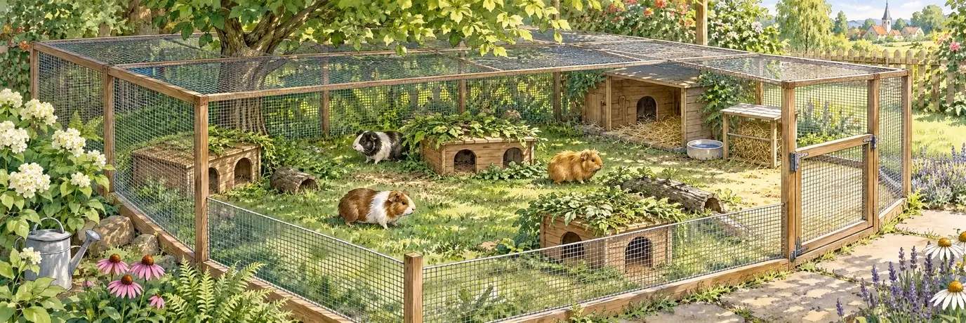 Drei Meerschweinchen in einem großzügigen, oben geschlossenen Außengehege mit mehreren Verstecken und einem geschützten Schlafhaus.